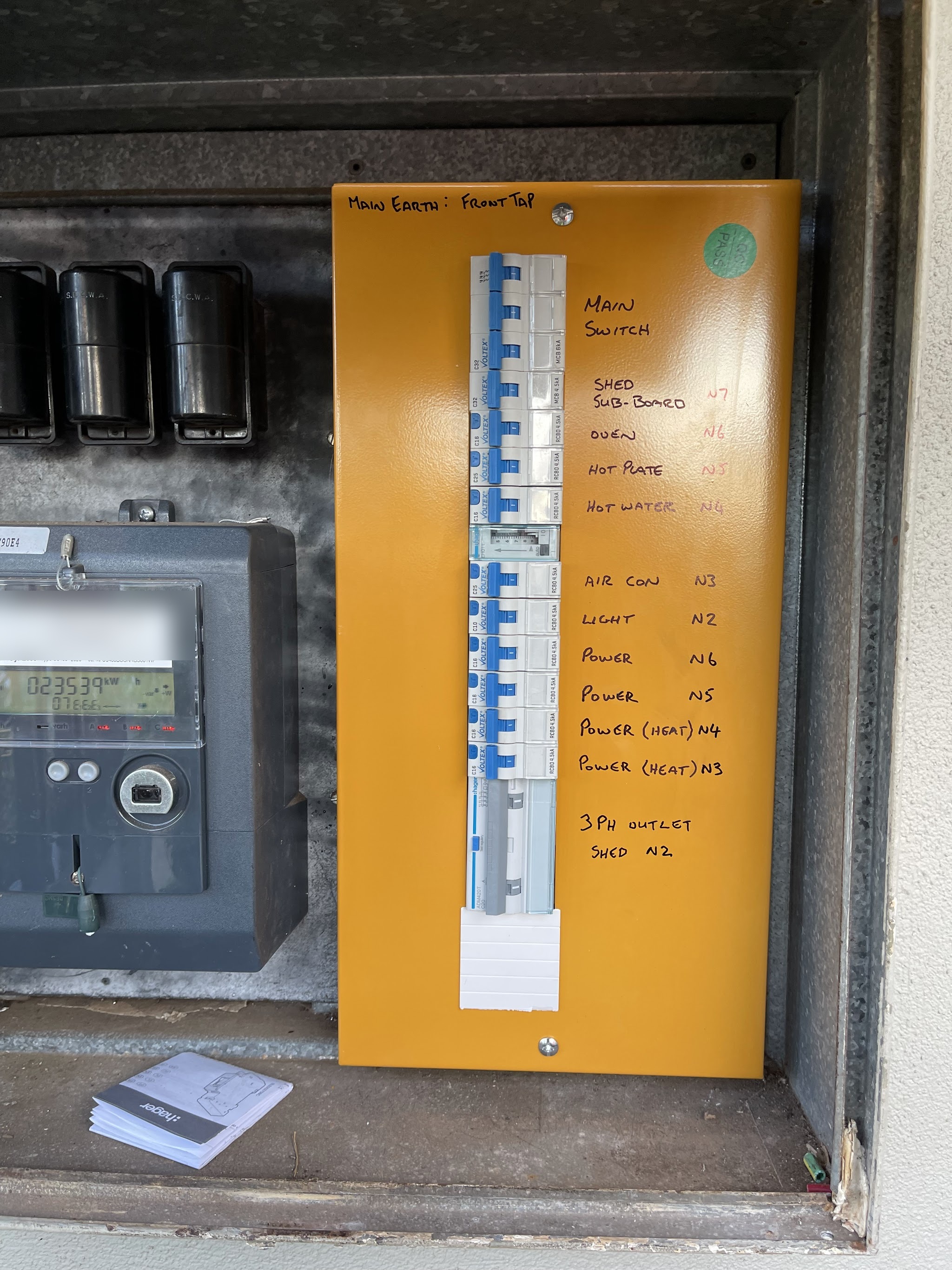 The same meter box after upgrade, with a new board, a row of RCBOs and every circuit hand labelled